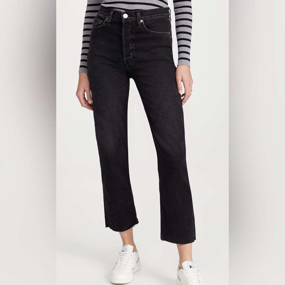 RE DONE 70s Stove Pipe Washed Noir Black High Rise Raw Hem Jeans 26
